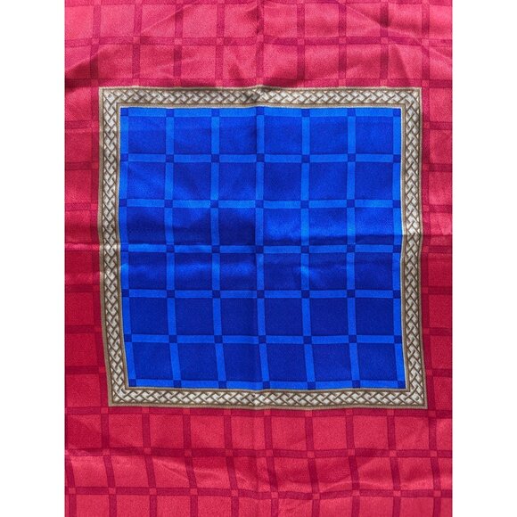 Vintage Liz Claiborne Red Blue Plaid Polyester Scarf With Black Gold Trim Headwe - Picture 2 of 5